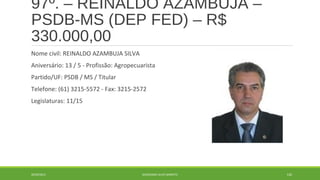 97º. – REINALDO AZAMBUJA – 
PSDB-MS (DEP FED) – R$ 
330.000,00 
Nome civil: REINALDO AZAMBUJA SILVA 
Aniversário: 13 / 5 - Profissão: Agropecuarista 
Partido/UF: PSDB / MS / Titular 
Telefone: (61) 3215-5572 - Fax: 3215-2572 
Legislaturas: 11/15 
20/09/2014 GEORDANDI ALVES BARRETO 120 
 