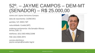 52º. – JAYME CAMPOS – DEM-MT 
(SENADOR) – R$ 25.000,00 
nome civil: Jayme Veríssimo Campos 
data de nascimento: 13/09/1951 
partido / UF: DEM / MT 
naturalidade: Cuiabá (MT) 
endereço parlamentar: Ala Senador Afonso 
Arinos, Gab. 11 
telefones: (61) 3303-4061/1048 
FAX: (61) 3303-2973 
correio eletrônico: 
jayme.campos@senador.leg.br 
20/09/2014 GEORDANDI ALVES BARRETO 74 
 