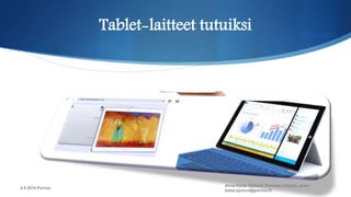 Tablet-laitteet tutuiksi
4.5.2015 Porvoo
Anna-Kaisa Sjölund, Porvoon kirjasto, anna-
kaisa.sjolund@porvoo.fi
 