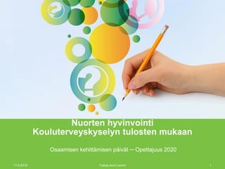 Nuorten hyvinvointi
            Kouluterveyskyselyn tulosten mukaan
               Osaamisen kehittämisen päivät ─ Opettajuus 2020

11.2.2012                        Tutkija Anni Lommi              1
 