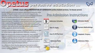 (STAGE 1 back office) PREPARATION OF ADMISSION (online hosted services / in-house server)
Define hyperlink on institute website redirecting to admission server
(hosted / in-house). Ideally create a sub domain mapped to the
admission server or configure a separate instance of Opetus Education
Server for handling admissions only on dedicated static IP.
Opetus portal has following user definable provisions for each
academic program / standard. Created detailed lucid notes explaining
how to apply and fill application form. These notes can be in local
language explaining rules, admission prerequisites and eligibility, fee
structure, rules and all corner cases like admission cancellations,
forfeits, rejections, denials and transfers
Organize a manned phone number / extension which can be for used
for online enquiry, support, grievance redressals, complains
Define fee structure for all admission categories, map it to COA,
ascertain admission quota across categories and specify admission
eligibility explicitly in terms of clearance of entrance test(s) with
minimum score, documents needed, acknowledgement of payment for
application form processing and acceptable methods and mode of
payments within threshold windows defined
Do a dry-run by filing a dummy application form just to verify
notifications configured. Ascertain SMS / PNS / Emails working and
confirm rejections / bounces
 