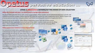 (STAGE 2 offline/online) DEFINING/SETTING MODES OF DATA COLLECTION
Offline (for institutes with poor / no infrastructure to manage online admissions)
Get preprinted application forms with unique serial numbers. These number can be institute/location/year specific with
suffixed incremental numbers. Define separate OTC (over the counter) for sale of application forms. Opetus support sale
of forms and can track free / complimentary / sold forms reconciling with inventory of application forms.
Opetus portal can be used for offline filling of application forms. Post sale of forms ensure
candidates fill their application forms from one of few offline machine made available for filling
forms. These machines can be from labs which can be temporarily used for managing offline
application form data entry
Online (outsourced / hosted on in-house Opetus Portal)
For outsourced model define application processing
methodologies for fastest mode of data collection. Ensure
data exchange file formats for data import from vendor and
minimum fields needed for data processing. When hosted
on Opetus Portal process of import and data sanitization
gets skipped as Opetus ensures data validity and security
standards for dubious and duplicate data entries. Back
office operations remains the same after data get imported
or collected online. Extra task of payment reconciliation
with outsourced vendor or disputed cases needs to be
resolved as all candidate may not have online payments
options available
 