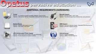 ADDITIONAL REQUIREMENTS (HARDWARE)
ARM Support
Minimum Any RFID / Biometric Reader / Attendance Recording Machine
Optimum Biometric Fingerprint devices
Printer
Minimum Any EPSON compatible dot matrix / DeskJet / LaserJet printer
Optimum 132 Columns / 300 cps / 24 pin DMP or DeskJet Printer with 600 dpi
Backup Device
Minimum Zip Drive (8Gb capacity onwards)
Optimum DVD writers / NAS device
UPS (Uninterrupted Power Supply)
Minimum Only for server with at least 20 Minutes backup time.
Optimum For all computers and network switches
Barcode Support
Minimum Barcode Reader - CCD / Laser
Optimum Any devices supporting conventional bar-coding standards
Internet Access
Minimum At least a broadband
Optimum 10Mbps dedicated lease line
 