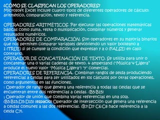 ¿CÓMO SE CLASIFICAN LOS OPERADORES?Microsoft Excel incluye cuatro tipos de diferentes operadores de cálculo:aritmético, comparación, texto y referencia. OPERADORES ARITMÉTICOS. Par ejecutar las operaciones matemáticasbásicas como suma, resta o multiplicación, combinar números y generarresultados numéricos. OPERADORES DE COMPARACIÓN. Son operadores en su mayoría binariosque nos permiten comparar variables devolviendo un valor booleano a1 (TRUE) si se cumple la condición que expresan y a 0 (FALSE) en casocontrario. OPERADOR DE CONCATENACIÓN DE TEXTO. Se utiliza para unir oconcatenar una o varias cadenas de texto. & ampersand ("Música"&"Ligera”produce el nuevo valor "Música Ligera") "y" comercial. OPERADORES DE REFERENCIA. Combinan rangos de seldaproduciendoreferencias a celdas para ser utilizados en los cálculos por otras operaciones,como argumentos en las funciones. : Operador de rango que genera una referencia a todas las celdas que seencuentran entre dos referencias a celdas. (B5:B15) ; Operador de unión que combina varias referencias en una sola.(B5:B15;D5:D15) (espacio) Operador de intersección que genera una referenciaa celdas comunes a las dos referencias. (B7:D7 C6:C8 hace referencia a lacelda C7).