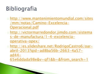 http://www.mantenimientomundial.com/sites 
/mm/notas/Camino-Excelencia- 
Operacional.pdf 
http://victormarredondor.jimdo.com/sistema 
s-de-manufactura/1-4-excelencia-operativa- 
opex/ 
http://es.slideshare.net/RodrigoCastro6/oar-abril- 
2013?qid=ad8ba56b-2663-4a57- 
ad44- 
65e6ddada98e&v=qf1&b=&from_search=1 
