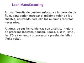 Lean Manufacturing 
Es una filosofía de gestión enfocada a la creación de 
flujo, para poder entregar el máximo valor de los 
clientes, utilizando para ello los mínimos recursos 
necesarios. 
Algunas de sus herramientas son análisis, mejora 
de procesos (Kaizen), Kanban, Jidoka, Just In Time , 
las 5’S y elementos o procesos a prueba de fallas 
(Poka yoke). 
 