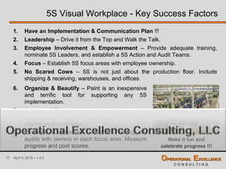 17 April 9, 2016 – v 4.0 OPERATIONAL EXCELLENCE
C O N S U L T I N G
1. Have an Implementation & Communication Plan !!!
2. Leadership – Drive it from the Top and Walk the Talk.
3. Employee Involvement & Empowerment – Provide adequate training,
nominate 5S Leaders, and establish a 5S Action and Audit Teams.
4. Focus – Establish 5S focus areas with employee ownership.
5. No Scared Cows – 5S is not just about the production floor. Include
shipping & receiving, warehouses, and offices.
5S Visual Workplace - Key Success Factors
6. Organize & Beautify – Paint is an inexpensive
and terrific tool for supporting any 5S
implementation.
7. Accountability – Hold leaders and teams
accountable to the established work area
requirements (discipline).
8. Evaluate & Improve – Perform weekly 5S
audits with owners in each focus area. Measure
progress and post scores.
Make it fun and
celebrate progress !!!
 