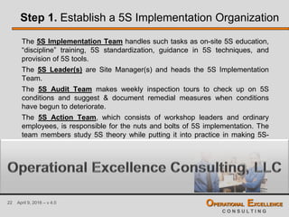 22 April 9, 2016 – v 4.0 OPERATIONAL EXCELLENCE
C O N S U L T I N G
Step 1. Establish a 5S Implementation Organization
The 5S Implementation Team handles such tasks as on-site 5S education,
“discipline” training, 5S standardization, guidance in 5S techniques, and
provision of 5S tools.
The 5S Leader(s) are Site Manager(s) and heads the 5S Implementation
Team.
The 5S Audit Team makes weekly inspection tours to check up on 5S
conditions and suggest & document remedial measures when conditions
have begun to deteriorate.
The 5S Action Team, which consists of workshop leaders and ordinary
employees, is responsible for the nuts and bolts of 5S implementation. The
team members study 5S theory while putting it into practice in making 5S-
oriented improvements.
 