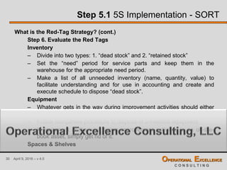 30 April 9, 2016 – v 4.0 OPERATIONAL EXCELLENCE
C O N S U L T I N G
Step 5.1 5S Implementation - SORT
What is the Red-Tag Strategy? (cont.)
Step 6. Evaluate the Red Tags
Inventory
– Divide into two types: 1. “dead stock” and 2. “retained stock”
– Set the “need” period for service parts and keep them in the
warehouse for the appropriate need period.
– Make a list of all unneeded inventory (name, quantity, value) to
facilitate understanding and for use in accounting and create and
execute schedule to dispose “dead stock”.
Equipment
– Whatever gets in the way during improvement activities should either
be moved or disposed of.
– Follow companies procedure to dispose of unneeded equipment.
– If equipment in the way during improvement activities is an off-the-
book asset, simply get rid of it.
Spaces & Shelves
 