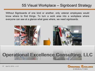 37 April 9, 2016 – v 4.0 OPERATIONAL EXCELLENCE
C O N S U L T I N G
5S Visual Workplace – Signboard Strategy
Without Signboards of one kind or another, only veteran employees would
know where to find things. To turn a work area into a workplace where
everyone can see at a glance what goes where, we need signboards.
 