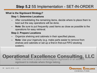 38 April 9, 2016 – v 4.0 OPERATIONAL EXCELLENCE
C O N S U L T I N G
Step 5.2 5S Implementation - SET-IN-ORDER
What is the Signboard Strategy?
Step 1. Determine Locations
– After consolidating the remaining items, decide where to place them to
best suit the way operations will be done.
– Note: Be sure to put frequently used items as close as possible to the
operations for easy retrieval.
Step 2. Prepare Locations
– Organize shelving and cabinets in their specified places.
– Note: Use your ingenuity (e.g. make parts easier to remove from
shelves and cabinets or set up a first-in first-out FIFO stocking
system).
Step 3. Indicate Locations
– Make and post (or hang) signboards that clearly indicate where each
item belongs.
– Note: Use either a place name/diagram signboard or an address
signboard to indicate where things belong.
 
