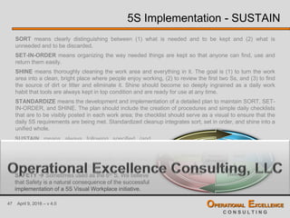 47 April 9, 2016 – v 4.0 OPERATIONAL EXCELLENCE
C O N S U L T I N G
5S Implementation - SUSTAIN
SORT means clearly distinguishing between (1) what is needed and to be kept and (2) what is
unneeded and to be discarded.
SET-IN-ORDER means organizing the way needed things are kept so that anyone can find, use and
return them easily.
SHINE means thoroughly cleaning the work area and everything in it. The goal is (1) to turn the work
area into a clean, bright place where people enjoy working, (2) to review the first two Ss, and (3) to find
the source of dirt or litter and eliminate it. Shine should become so deeply ingrained as a daily work
habit that tools are always kept in top condition and are ready for use at any time.
STANDARDIZE means the development and implementation of a detailed plan to maintain SORT, SET-
IN-ORDER, and SHINE. The plan should include the creation of procedures and simple daily checklists
that are to be visibly posted in each work area; the checklist should serve as a visual to ensure that the
daily 5S requirements are being met. Standardized cleanup integrates sort, set in order, and shine into a
unified whole.
1.
Sort
(Seiri)
2.
Set-in-Order
(Seiton)
3.
Shine
(Seiso)
4.
Standardize
(Seiketsu)
5.
Sustain
(Shitsuke)
SUSTAIN means always following specified (and
standardized) procedures. Sustain requires self-
discipline. Without discipline, it is impossible to
maintain consistent standards of quality, safety, clean
production, and process operation.
SAFETY  Sometimes used as the 6th S. We believe
that Safety is a natural consequence of the successful
implementation of a 5S Visual Workplace initiative.
 