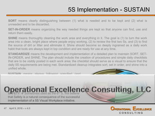 47 April 9, 2016 – v 4.0 OPERATIONAL EXCELLENCE
C O N S U L T I N G
5S Implementation - SUSTAIN
SORT means clearly disting...