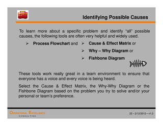 22 – 2/12/2013 – v1.0
OPERATIONAL EXCELLENCE
C O N S U L T I N G
Identifying Possible Causes
To learn more about a specific problem and identify “all” possible
causes, the following tools are often very helpful and widely used.
 Process Flowchart and  Cause  Effect Matrix or
 Why – Why Diagram or
 Fishbone Diagram
These tools work really great in a team environment to ensure that
everyone has a voice and every voice is being heard.
Select the Cause  Effect Matrix, the Why-Why Diagram or the
Fishbone Diagram based on the problem you try to solve and/or your
personal or team’s preference.
 