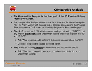 31 – 2/12/2013 – v1.0
OPERATIONAL EXCELLENCE
C O N S U L T I N G
Comparative Analysis
 The Comparative Analysis is the third part of the 8D Problem Solving
Process Worksheet.
 The Comparative Analysis connects the facts from the Problem Description
(“IS – IS NOT” Matrix) with the analysis of possible causes using the Process
Flowchart and the CE Matrix or Why-Why Diagram or Fishbone Diagram.
 Step 1: Compare each “IS” with its corresponding/contrasting “IS NOT”. List
any known distinctions and uncommon factors that could explain the “IS”
and “IS NOT”.
 Ask: What is unique, odd, different, distinctive, unusual about the “IS”?
 Consider the possible causes identified so far.
 Step 2: List all known changes in distinctions and uncommon factors.
 Ask: What has changed in, on, around or about this distinction and
uncommon factors?
 
