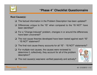 42 – 2/12/2013 – v1.0
OPERATIONAL EXCELLENCE
C O N S U L T I N G
“Phase 4” Checklist Questionnaire
Root Cause(s):
 The factual information in the Problem Description has been updated?
 Differences unique to the “IS” when compared to the “IS NOT” have
been identified?
 For a “Change-Induced” problem, changes in or around the differences
have been uncovered?
 The root cause theories developed have been tested against each “IS”
- “IS NOT” statement?
 The final root cause theory accounts for all “IS” - “IS NOT” statements?
 For multiple root causes, the causes were reviewed to
determine if, collectively, they account for all of the problem
description?
 The root cause(s) was/were verified passively and actively?
 