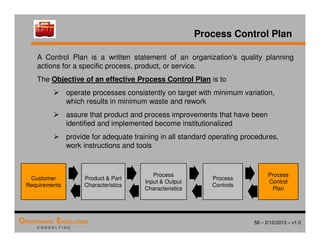 58 – 2/12/2013 – v1.0
OPERATIONAL EXCELLENCE
C O N S U L T I N G
Process Control Plan
A Control Plan is a written statement of an organization’s quality planning
actions for a specific process, product, or service.
The Objective of an effective Process Control Plan is to
 operate processes consistently on target with minimum variation,
which results in minimum waste and rework
 assure that product and process improvements that have been
identified and implemented become institutionalized
 provide for adequate training in all standard operating procedures,
work instructions and tools
Customer
Requirements
Product  Part
Characteristics
Process
Input  Output
Characteristics
Process
Controls
Process
Control
Plan
 