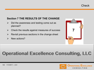 102 11/3/2011 – v2.0
Check
Section 7 THE RESULTS OF THE CHANGE
 Did the awareness and testing come out as
planned?
 Check the results against measures of success
 Revisit previous sections in the change sheet
 New actions?
7
 