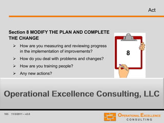 103 11/3/2011 – v2.0
Act
Section 8 MODIFY THE PLAN AND COMPLETE
THE CHANGE
 How are you measuring and reviewing progress
in the implementation of improvements?
 How do you deal with problems and changes?
 How are you training people?
 Any new actions?
8
 