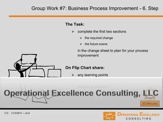 113 11/3/2011 – v2.0
Group Work #7: Business Process Improvement - 6. Step
30 Minutes
The Task:
 complete the first two sections
 the required change
 the future scene
in the change sheet to plan for your process
improvement
On Flip Chart share:
 any learning points
 any concerns as to how to apply this step of the
method in practice?
 