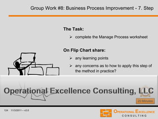 124 11/3/2011 – v2.0
Group Work #8: Business Process Improvement - 7. Step
20 Minutes
The Task:
 complete the Manage Process worksheet
On Flip Chart share:
 any learning points
 any concerns as to how to apply this step of
the method in practice?
 