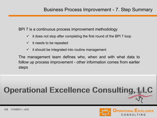 125 11/3/2011 – v2.0
Business Process Improvement - 7. Step Summary
BPI 7 is a continuous process improvement methodology
 it does not stop after completing the first round of the BPI 7 loop
 it needs to be repeated
 it should be integrated into routine management
The management team defines who, when and with what data to
follow up process improvement - other information comes from earlier
steps
 
