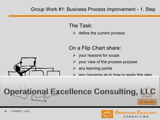 16 11/3/2011 – v2.0
Group Work #1: Business Process Improvement - 1. Step
The Task:
 define the current process
On a Flip Chart share:
 your reasons for scope
 your view of the process purpose
 any learning points
 any concerns as to how to apply this step
of the method in practice?
20 Minutes
 