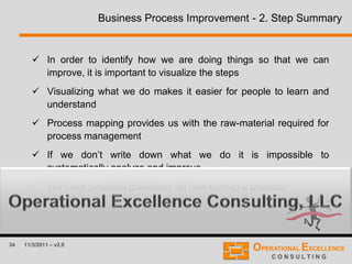 34 11/3/2011 – v2.0
Business Process Improvement - 2. Step Summary
 In order to identify how we are doing things so that we can
improve, it is important to visualize the steps
 Visualizing what we do makes it easier for people to learn and
understand
 Process mapping provides us with the raw-material required for
process management
 If we don’t write down what we do it is impossible to
systematically analyze and improve
 We have provided guidelines on how to map a process
 