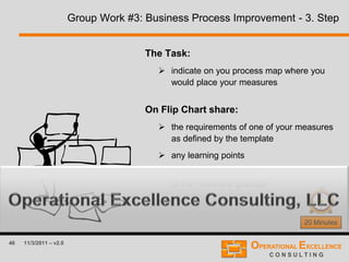 46 11/3/2011 – v2.0
Group Work #3: Business Process Improvement - 3. Step
20 Minutes
The Task:
 indicate on you process map where you
would place your measures
On Flip Chart share:
 the requirements of one of your measures
as defined by the template
 any learning points
 any concerns as to how to apply this step
of the method in practice
 