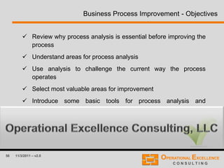 56 11/3/2011 – v2.0
 Review why process analysis is essential before improving the
process
 Understand areas for process analysis
 Use analysis to challenge the current way the process
operates
 Select most valuable areas for improvement
 Introduce some basic tools for process analysis and
improvement selection
Business Process Improvement - Objectives
 