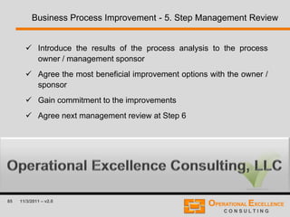 85 11/3/2011 – v2.0
Business Process Improvement - 5. Step Management Review
 Introduce the results of the process analysis to the process
owner / management sponsor
 Agree the most beneficial improvement options with the owner /
sponsor
 Gain commitment to the improvements
 Agree next management review at Step 6
 