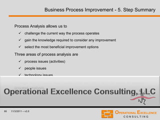 86 11/3/2011 – v2.0
Business Process Improvement - 5. Step Summary
Process Analysis allows us to
 challenge the current way the process operates
 gain the knowledge required to consider any improvement
 select the most beneficial improvement options
Three areas of process analysis are
 process issues (activities)
 people issues
 technology issues
A large set of tools, techniques and software can be used to support
process analysis.
 