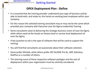 Operational Excellence
Getting Started
Operational Excellence
OPEX Deployment Plan - Define
4/7/2017 Ronald Morgan Shewchuk 21
• It is essential that the training provider understand your type of business and be
able to bond with, and relate to, the hands-on working level employee within your
company.
• For this reason the selected training consultant may or may not be the same which
provided your company with Executive Lean Six Sigma Leadership Training.
• Some consultants excel at delivering the strategic business vision of Lean Six Sigma
while others excel at the hands-on factory level or service level deployment of
Lean Six Sigma.
• A key question to ask is the type of software that will be used to support the
training.
• You will find that consultants are passionate about their software selection.
• Some prefer Minitab, while others prefer SPC XL/DOE Pro XL, JMP, Statistica,
StatPlus or a number of others.
• The learning curve of these respective software packages and the cost of
deployment within your organization must be carefully considered.
 