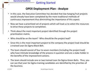 Operational Excellence
Getting Started
Operational Excellence
OPEX Deployment Plan - Analyze
4/7/2017 Ronald Morgan Shewchuk 31
• In this case, the Executive Committee has decided that low hanging fruit projects
would already have been completed by the more traditional methods of
continuous improvement thus diminishing the importance of this aspect.
• Now we have a prioritized set of projects which will lead us to select the resources
to drive these projects to completion.
• Think about the most important project identified through the project
prioritization matrix.
• Who should be on the team? Who should be the project lead?
• Since this is the most important project to the company the project lead should be
a trained Lean Six Sigma Black Belt.
• The team should consist of four to seven members (including the project lead)
who have intimate knowledge of the process in question and are a stake-holder in
the benefits of the improvement actions.
• The team should include one or two trained Lean Six Sigma Green Belts. Thus, you
can see that Lean Six Sigma training candidates are identified by the priorities of
the business.
 