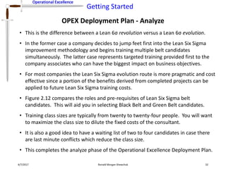 Operational Excellence
Getting Started
Operational Excellence
OPEX Deployment Plan - Analyze
4/7/2017 Ronald Morgan Shewchuk 32
• This is the difference between a Lean 6σ revolution versus a Lean 6σ evolution.
• In the former case a company decides to jump feet first into the Lean Six Sigma
improvement methodology and begins training multiple belt candidates
simultaneously. The latter case represents targeted training provided first to the
company associates who can have the biggest impact on business objectives.
• For most companies the Lean Six Sigma evolution route is more pragmatic and cost
effective since a portion of the benefits derived from completed projects can be
applied to future Lean Six Sigma training costs.
• Figure 2.12 compares the roles and pre-requisites of Lean Six Sigma belt
candidates. This will aid you in selecting Black Belt and Green Belt candidates.
• Training class sizes are typically from twenty to twenty-four people. You will want
to maximize the class size to dilute the fixed costs of the consultant.
• It is also a good idea to have a waiting list of two to four candidates in case there
are last minute conflicts which reduce the class size.
• This completes the analyze phase of the Operational Excellence Deployment Plan.
 