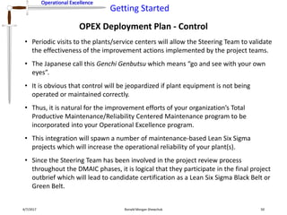 Operational Excellence
Getting Started
Operational Excellence
OPEX Deployment Plan - Control
4/7/2017 Ronald Morgan Shewchuk 50
• Periodic visits to the plants/service centers will allow the Steering Team to validate
the effectiveness of the improvement actions implemented by the project teams.
• The Japanese call this Genchi Genbutsu which means “go and see with your own
eyes”.
• It is obvious that control will be jeopardized if plant equipment is not being
operated or maintained correctly.
• Thus, it is natural for the improvement efforts of your organization’s Total
Productive Maintenance/Reliability Centered Maintenance program to be
incorporated into your Operational Excellence program.
• This integration will spawn a number of maintenance-based Lean Six Sigma
projects which will increase the operational reliability of your plant(s).
• Since the Steering Team has been involved in the project review process
throughout the DMAIC phases, it is logical that they participate in the final project
outbrief which will lead to candidate certification as a Lean Six Sigma Black Belt or
Green Belt.
 
