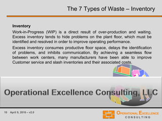 10 April 9, 2016 – v2.0
The 7 Types of Waste – Inventory
Inventory
Work-in-Progress (WIP) is a direct result of over-production and waiting.
Excess inventory tends to hide problems on the plant floor, which must be
identified and resolved in order to improve operating performance.
Excess inventory consumes productive floor space, delays the identification
of problems, and inhibits communication. By achieving a seamless flow
between work centers, many manufacturers have been able to improve
Customer service and slash inventories and their associated costs.
 