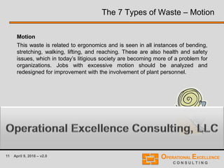 11 April 9, 2016 – v2.0
The 7 Types of Waste – Motion
Motion
This waste is related to ergonomics and is seen in all instances of bending,
stretching, walking, lifting, and reaching. These are also health and safety
issues, which in today’s litigious society are becoming more of a problem for
organizations. Jobs with excessive motion should be analyzed and
redesigned for improvement with the involvement of plant personnel.
 