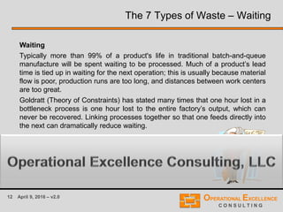 12 April 9, 2016 – v2.0
The 7 Types of Waste – Waiting
Waiting
Typically more than 99% of a product's life in traditional batch-and-queue
manufacture will be spent waiting to be processed. Much of a product’s lead
time is tied up in waiting for the next operation; this is usually because material
flow is poor, production runs are too long, and distances between work centers
are too great.
Goldratt (Theory of Constraints) has stated many times that one hour lost in a
bottleneck process is one hour lost to the entire factory’s output, which can
never be recovered. Linking processes together so that one feeds directly into
the next can dramatically reduce waiting.
 