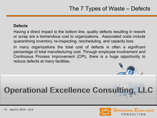 15 April 9, 2016 – v2.0
The 7 Types of Waste – Defects
Defects
Having a direct impact to the bottom line, quality defects resulting in rework
or scrap are a tremendous cost to organizations. Associated costs include
quarantining inventory, re-inspecting, rescheduling, and capacity loss.
In many organizations the total cost of defects is often a significant
percentage of total manufacturing cost. Through employee involvement and
Continuous Process Improvement (CPI), there is a huge opportunity to
reduce defects at many facilities.
 