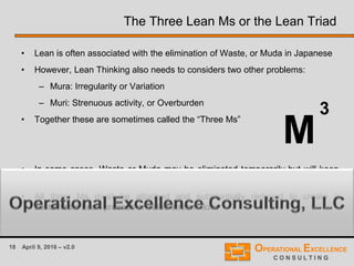 18 April 9, 2016 – v2.0
The Three Lean Ms or the Lean Triad
• Lean is often associated with the elimination of Waste, or Muda in Japanese
• However, Lean Thinking also needs to considers two other problems:
– Mura: Irregularity or Variation
– Muri: Strenuous activity, or Overburden
• Together these are sometimes called the “Three Ms”
• In some cases, Waste or Muda may be eliminated temporarily but will keep
coming back if the other two Ms are not addressed simultaneously
• All three Ms must be attacked and substantially reduced to create a
sustainable Lean process or value stream flow.
M
3
 