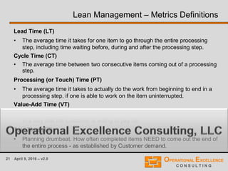 21 April 9, 2016 – v2.0
Lean Management – Metrics Definitions
Lead Time (LT)
• The average time it takes for one item to go through the entire processing
step, including time waiting before, during and after the processing step.
Cycle Time (CT)
• The average time between two consecutive items coming out of a processing
step.
Processing (or Touch) Time (PT)
• The average time it takes to actually do the work from beginning to end in a
processing step, if one is able to work on the item uninterrupted.
Value-Add Time (VT)
• The portion of the average processing time that actually transforms the item
in a way that the Customer is willing to pay for.
Takt Time (TT)
• Planning drumbeat. How often completed items NEED to come out the end of
the entire process - as established by Customer demand.
 