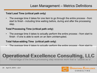24 April 9, 2016 – v2.0
Lean Management – Metrics Definitions
Total Lead Time (critical path only)
• The average time it takes for one item to go through the entire process - from
start to finish - including time waiting before, during and after the processing
step.
Total Processing Time (critical path only)
• The average time it takes to actually perform the entire process - from start to
finish - if one is able to work on an item uninterrupted.
Total Value-adding Time (critical path only)
• The average time it takes to actually perform the entire process - from start to
finish - that actually transforms the item in a way that the Customer is willing to
pay for.
% Complete & Accurate
• Percentage of the time a processing step receives work that is “usable as is”.
 