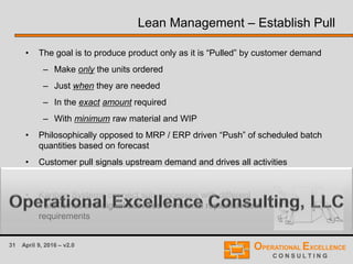 31 April 9, 2016 – v2.0
Lean Management – Establish Pull
• The goal is to produce product only as it is “Pulled” by customer demand
– Make only the units ordered
– Just when they are needed
– In the exact amount required
– With minimum raw material and WIP
• Philosophically opposed to MRP / ERP driven “Push” of scheduled batch
quantities based on forecast
• Customer pull signals upstream demand and drives all activities
• Takt Time sets the pace of every process or sub-process
• Kanban Systems connect sub-processes with different
Takt Times and signal activities & material replenishment
requirements
 