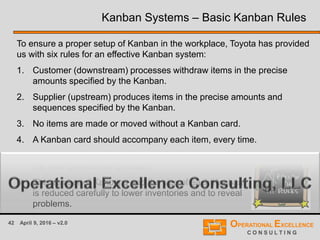 42 April 9, 2016 – v2.0
Kanban Systems – Basic Kanban Rules
To ensure a proper setup of Kanban in the workplace, Toyota has provided
us with six rules for an effective Kanban system:
1. Customer (downstream) processes withdraw items in the precise
amounts specified by the Kanban.
2. Supplier (upstream) produces items in the precise amounts and
sequences specified by the Kanban.
3. No items are made or moved without a Kanban card.
4. A Kanban card should accompany each item, every time.
5. Defects and incorrect amounts are never sent to
the next downstream process.
6. The number of Kanbans and the size of each Kanban
is reduced carefully to lower inventories and to reveal
problems.
 