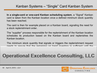 50 April 9, 2016 – v2.0
Kanban Systems – “Single” Card Kanban System
In a single-card or one-card Kanban scheduling system, a “Signal” Kanban
card is taken from the Kanban location once a defined minimum stock quantity
has been reached.
The card is then for example placed on a Kanban board, signaling the need for
a stock replenishment order.
The “supplier” process responsible for the replenishment of the Kanban location
schedules its production based on the Kanban board and replenishes the
Kanban location.
The minimum stock quantity that signals or triggers the replenishment request
needs to assure that the remaining on hand inventory is sufficient until the
replenishment stock arrives and is based on the average consumption,
consumption fluctuation, and replenishment lead time.
 