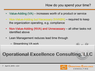 7 April 9, 2016 – v2.0
How do you spend your time?
• Value-Adding (VA) – increases worth of a product or service
• Non-Value-Adding but Necessary (NVABN) – required to keep
the organization operating, e.g. compliance
• Non-Value-Adding (NVA) and Unnecessary – all other tasks not
identified above
• Lean Management reduces lead time through
– Streamlining VA work
– Minimizing NVABN work
– Eliminating NVA work
 