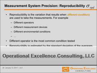 24 January 13, 2017 – v2.0
Measurement System Precision: Reproducibility
• Reproducibility is the variation that results when different conditions
are used to take the measurements. For example
– Different operators
– Different measurement devices
– Different environmental conditions
– …
• Different operator is the most common condition tested
• Reproducibility is estimated by the standard deviation of the averages
of measurements taken under the different measurement system
conditions
• Reproducibility is always less than the total variation of the system
rpd
 