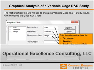 42 January 13, 2017 – v2.0
Graphical Analysis of a Variable Gage R&R Study
Enter the columns that have the
 Part Number
 Operators
 Results / Measurement Data
Information of your Gage R&R Study
The first graphical tool we will use to analyze a Variable Gage R & R Study results
with Minitab is the Gage Run Chart.
 