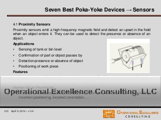 103 April 9, 2016 – v 5.0
4.1 Proximity Sensors
Proximity sensors emit a high-frequency magnetic field and detect an upset in the field
when an object enters it. They can be used to detect the presence or absence of an
object.
Applications
• Sensing of tank or bin level
• Confirmation of part or object passes by
• Detection presence or absence of object
• Positioning of work piece
Features
• Non-contact - Work in harsh environments - Small sensors are available for
installation in tight areas - Fast response speed
Human Error Prevention
• Omission, excessive/insufficient repetition, incorrect selection, incorrect counting,
incorrect positioning, incorrect orientation, …
Seven Best Poka-Yoke Devices → Sensors
 